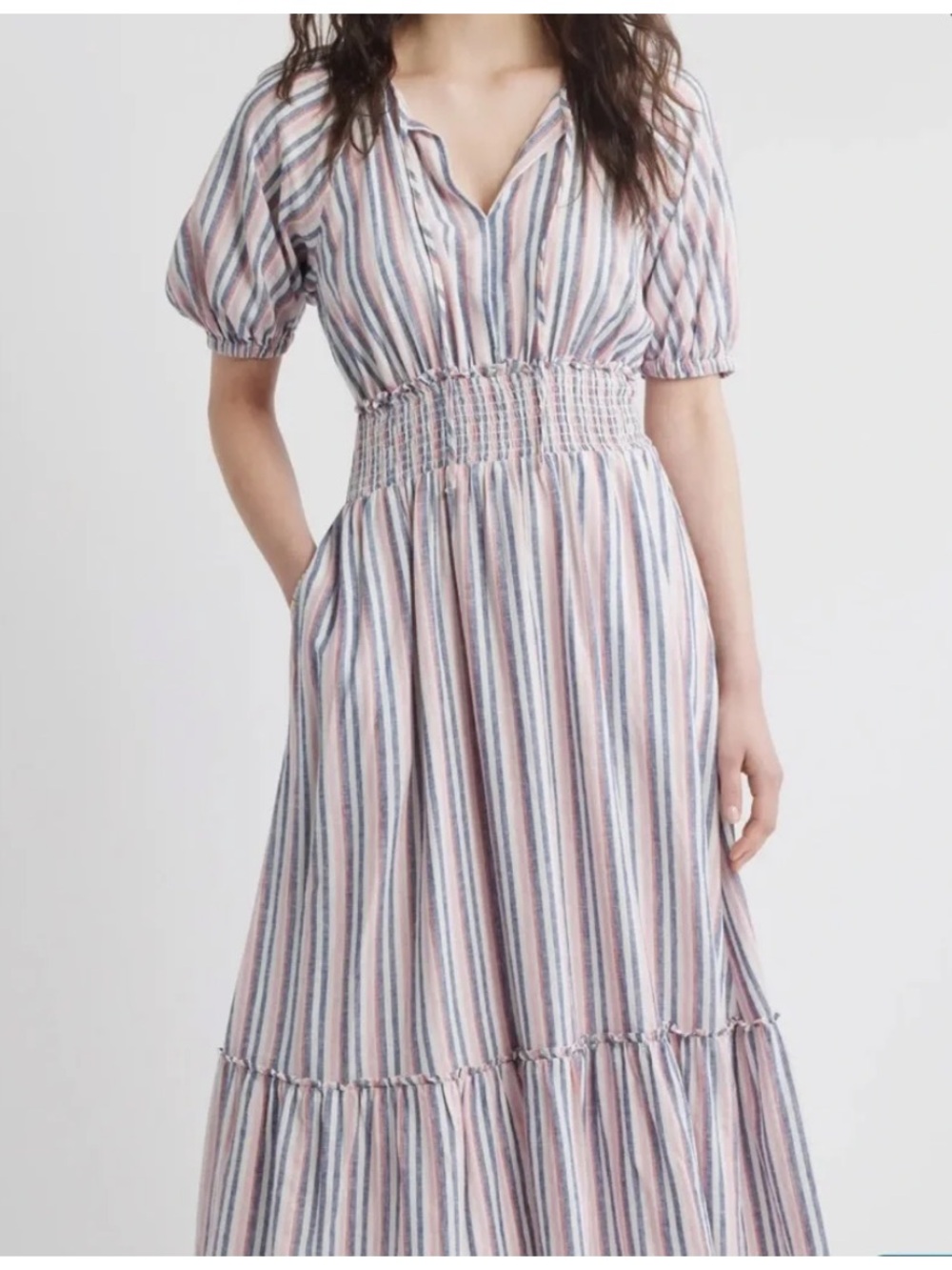 Caslon Linen Blend Pink Blue Striped Smocked Waist Maxi Dress Size 3XL 
Pockets